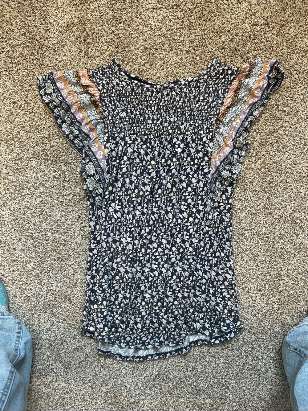 Smocked Floral Flutter Sleeve Top in Navy